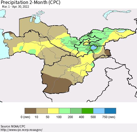 Central Asia Precipitation 2-Month (CPC) Thematic Map For 3/1/2022 - 4/30/2022