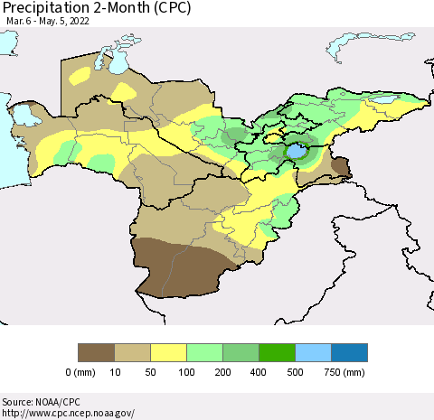 Central Asia Precipitation 2-Month (CPC) Thematic Map For 3/6/2022 - 5/5/2022