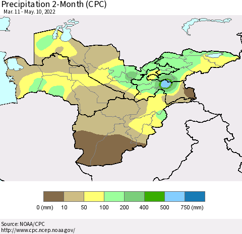 Central Asia Precipitation 2-Month (CPC) Thematic Map For 3/11/2022 - 5/10/2022