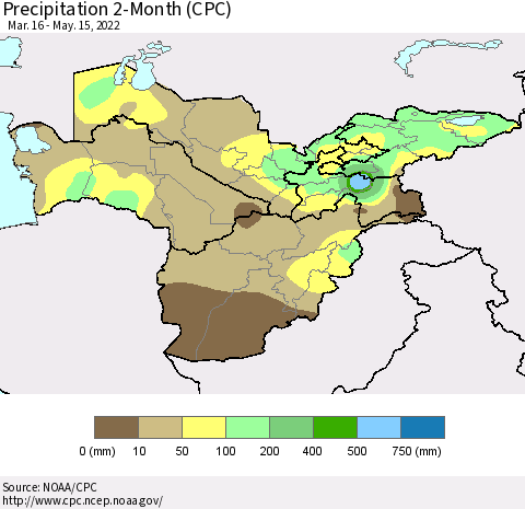Central Asia Precipitation 2-Month (CPC) Thematic Map For 3/16/2022 - 5/15/2022
