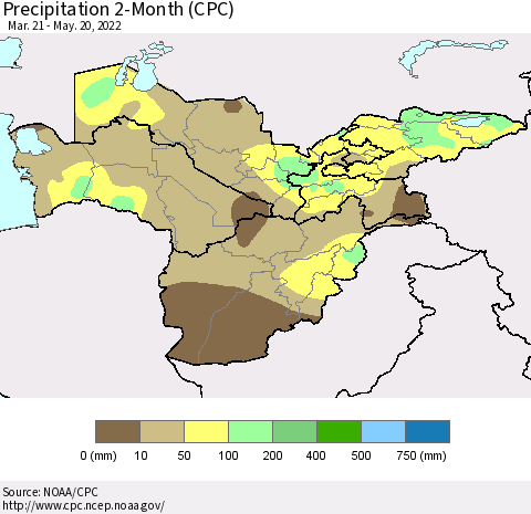 Central Asia Precipitation 2-Month (CPC) Thematic Map For 3/21/2022 - 5/20/2022