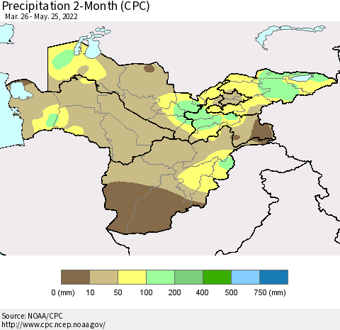 Central Asia Precipitation 2-Month (CPC) Thematic Map For 3/26/2022 - 5/25/2022