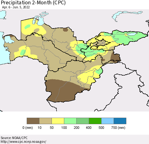 Central Asia Precipitation 2-Month (CPC) Thematic Map For 4/6/2022 - 6/5/2022