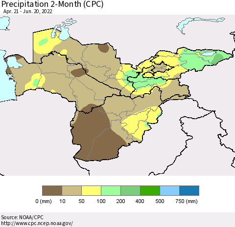 Central Asia Precipitation 2-Month (CPC) Thematic Map For 4/21/2022 - 6/20/2022