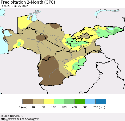Central Asia Precipitation 2-Month (CPC) Thematic Map For 4/26/2022 - 6/25/2022