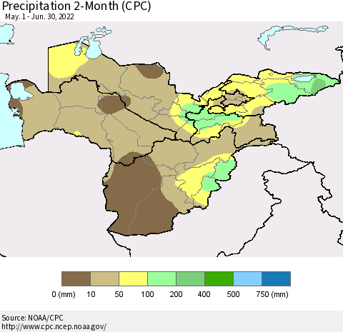Central Asia Precipitation 2-Month (CPC) Thematic Map For 5/1/2022 - 6/30/2022