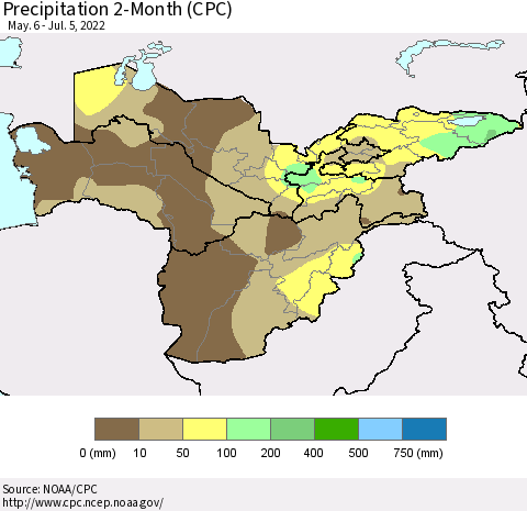 Central Asia Precipitation 2-Month (CPC) Thematic Map For 5/6/2022 - 7/5/2022