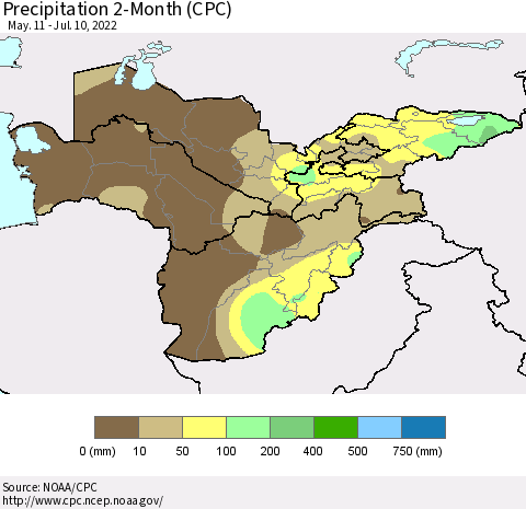 Central Asia Precipitation 2-Month (CPC) Thematic Map For 5/11/2022 - 7/10/2022