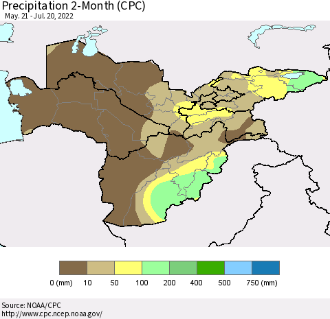Central Asia Precipitation 2-Month (CPC) Thematic Map For 5/21/2022 - 7/20/2022