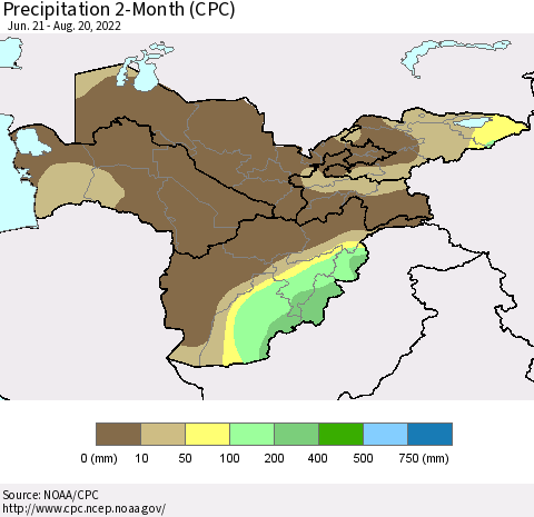 Central Asia Precipitation 2-Month (CPC) Thematic Map For 6/21/2022 - 8/20/2022
