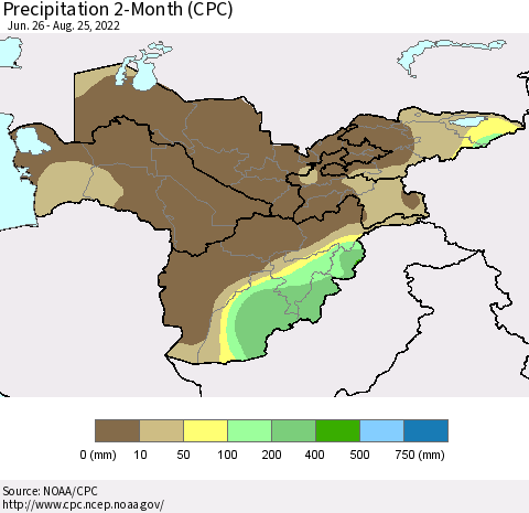 Central Asia Precipitation 2-Month (CPC) Thematic Map For 6/26/2022 - 8/25/2022
