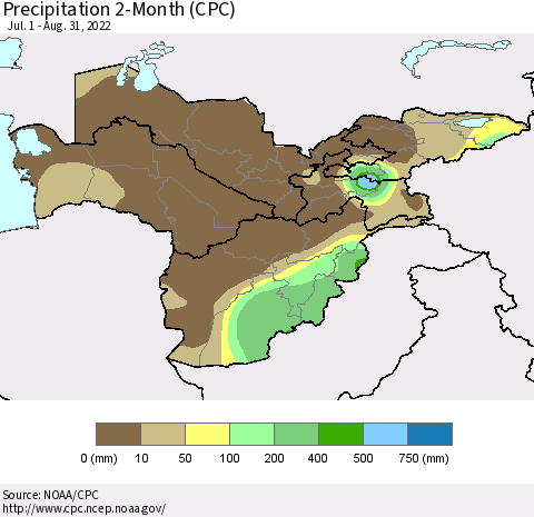 Central Asia Precipitation 2-Month (CPC) Thematic Map For 7/1/2022 - 8/31/2022