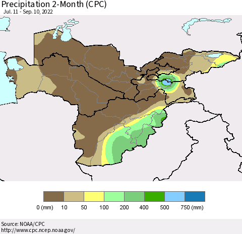 Central Asia Precipitation 2-Month (CPC) Thematic Map For 7/11/2022 - 9/10/2022