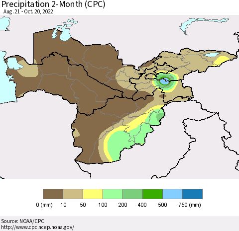 Central Asia Precipitation 2-Month (CPC) Thematic Map For 8/21/2022 - 10/20/2022