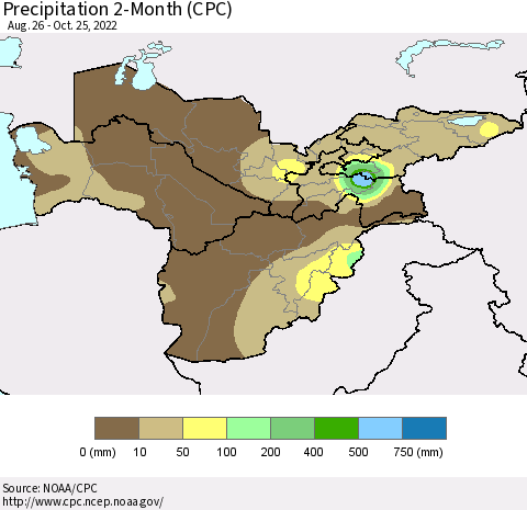 Central Asia Precipitation 2-Month (CPC) Thematic Map For 8/26/2022 - 10/25/2022