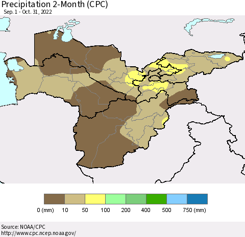 Central Asia Precipitation 2-Month (CPC) Thematic Map For 9/1/2022 - 10/31/2022
