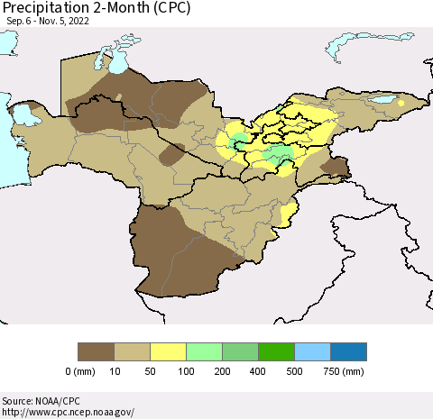 Central Asia Precipitation 2-Month (CPC) Thematic Map For 9/6/2022 - 11/5/2022