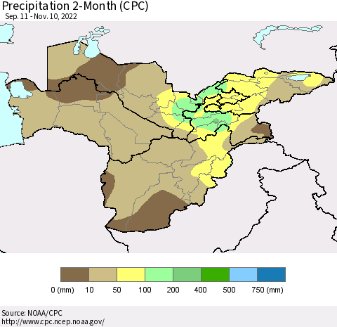 Central Asia Precipitation 2-Month (CPC) Thematic Map For 9/11/2022 - 11/10/2022