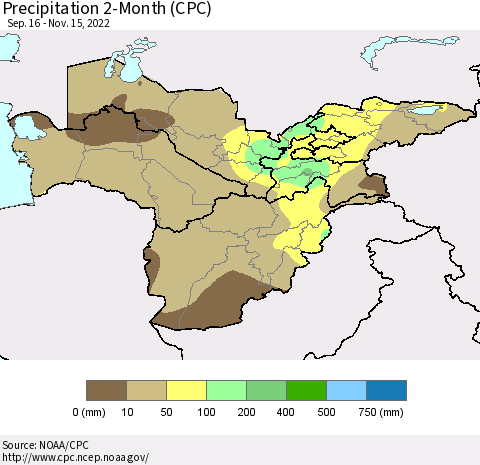 Central Asia Precipitation 2-Month (CPC) Thematic Map For 9/16/2022 - 11/15/2022