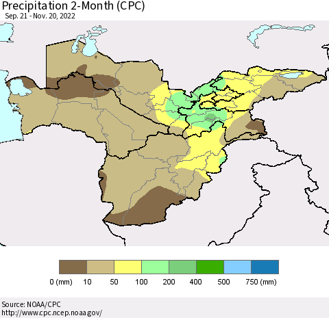 Central Asia Precipitation 2-Month (CPC) Thematic Map For 9/21/2022 - 11/20/2022