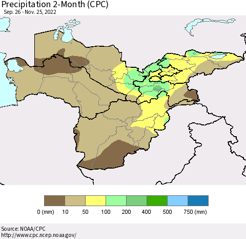 Central Asia Precipitation 2-Month (CPC) Thematic Map For 9/26/2022 - 11/25/2022