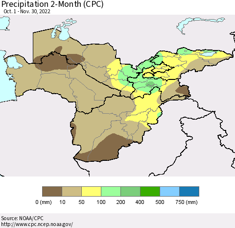 Central Asia Precipitation 2-Month (CPC) Thematic Map For 10/1/2022 - 11/30/2022