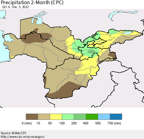 Central Asia Precipitation 2-Month (CPC) Thematic Map For 10/6/2022 - 12/5/2022
