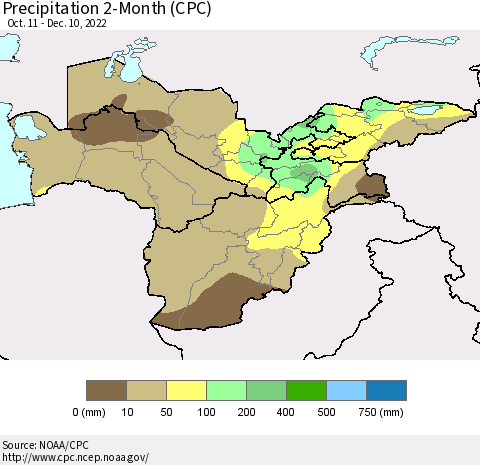 Central Asia Precipitation 2-Month (CPC) Thematic Map For 10/11/2022 - 12/10/2022