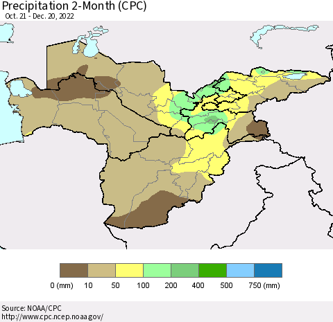 Central Asia Precipitation 2-Month (CPC) Thematic Map For 10/21/2022 - 12/20/2022