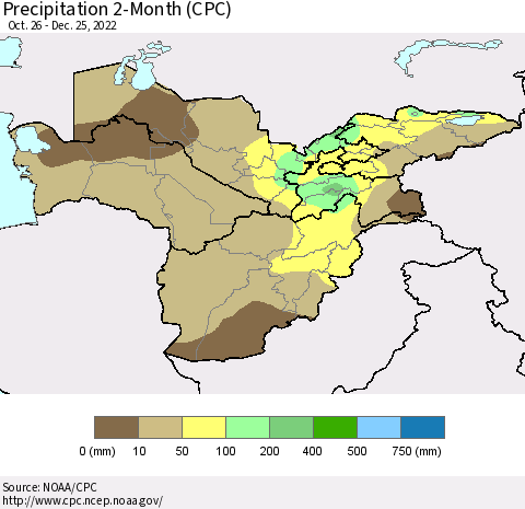 Central Asia Precipitation 2-Month (CPC) Thematic Map For 10/26/2022 - 12/25/2022