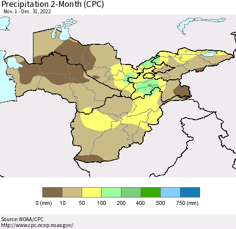 Central Asia Precipitation 2-Month (CPC) Thematic Map For 11/1/2022 - 12/31/2022