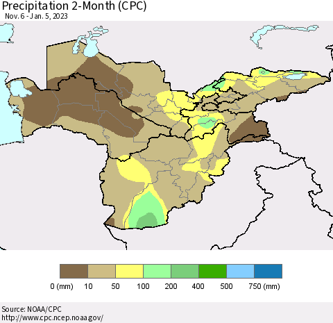 Central Asia Precipitation 2-Month (CPC) Thematic Map For 11/6/2022 - 1/5/2023