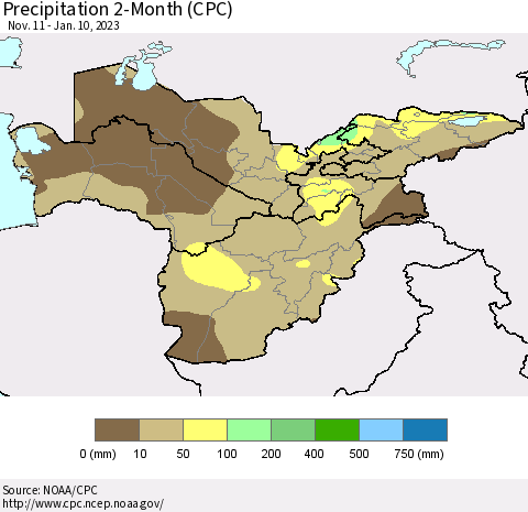 Central Asia Precipitation 2-Month (CPC) Thematic Map For 11/11/2022 - 1/10/2023