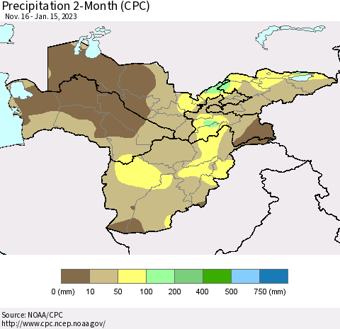 Central Asia Precipitation 2-Month (CPC) Thematic Map For 11/16/2022 - 1/15/2023