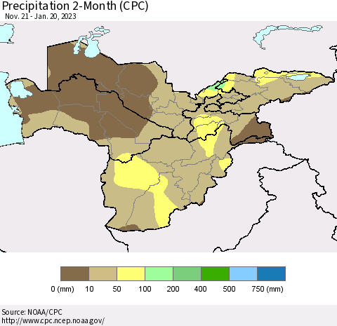 Central Asia Precipitation 2-Month (CPC) Thematic Map For 11/21/2022 - 1/20/2023
