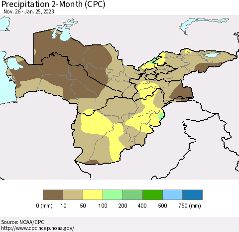 Central Asia Precipitation 2-Month (CPC) Thematic Map For 11/26/2022 - 1/25/2023