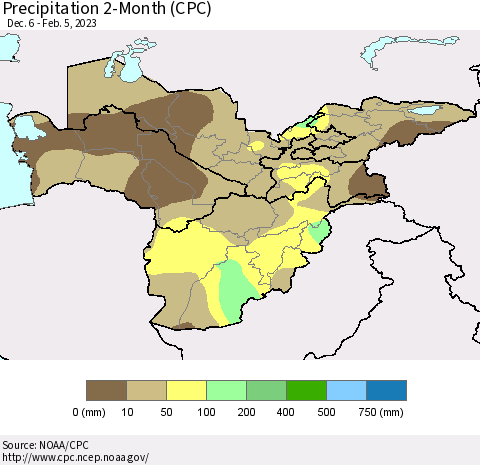 Central Asia Precipitation 2-Month (CPC) Thematic Map For 12/6/2022 - 2/5/2023
