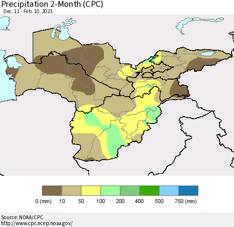 Central Asia Precipitation 2-Month (CPC) Thematic Map For 12/11/2022 - 2/10/2023