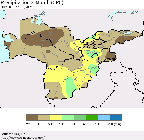Central Asia Precipitation 2-Month (CPC) Thematic Map For 12/16/2022 - 2/15/2023
