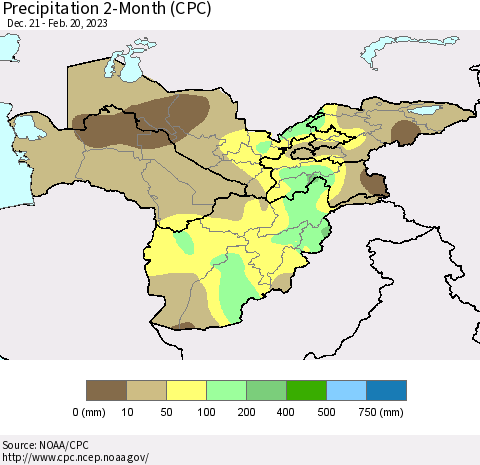 Central Asia Precipitation 2-Month (CPC) Thematic Map For 12/21/2022 - 2/20/2023