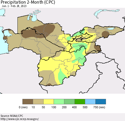 Central Asia Precipitation 2-Month (CPC) Thematic Map For 1/1/2023 - 2/28/2023