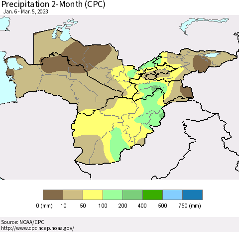 Central Asia Precipitation 2-Month (CPC) Thematic Map For 1/6/2023 - 3/5/2023