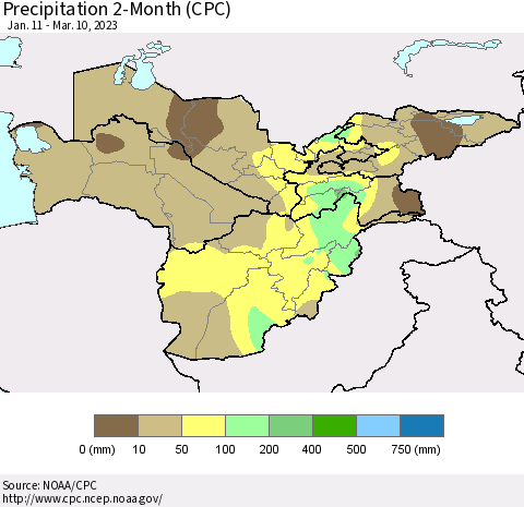 Central Asia Precipitation 2-Month (CPC) Thematic Map For 1/11/2023 - 3/10/2023