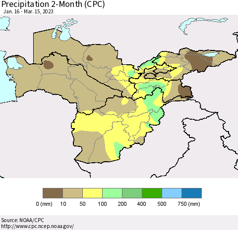 Central Asia Precipitation 2-Month (CPC) Thematic Map For 1/16/2023 - 3/15/2023