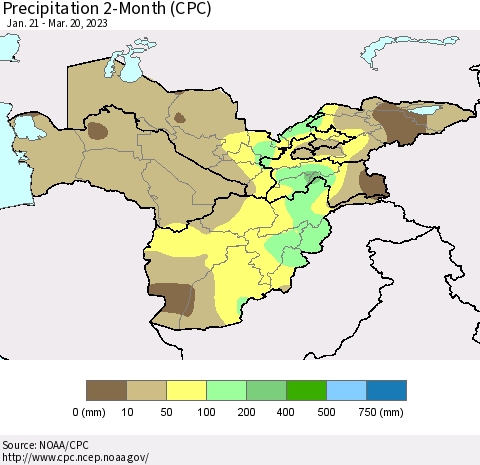 Central Asia Precipitation 2-Month (CPC) Thematic Map For 1/21/2023 - 3/20/2023