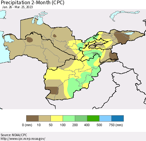 Central Asia Precipitation 2-Month (CPC) Thematic Map For 1/26/2023 - 3/25/2023