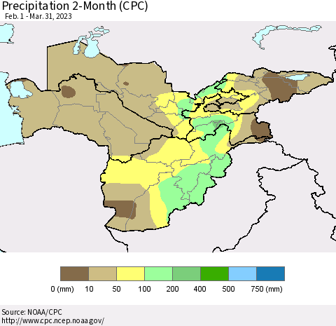 Central Asia Precipitation 2-Month (CPC) Thematic Map For 2/1/2023 - 3/31/2023