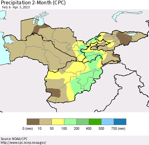 Central Asia Precipitation 2-Month (CPC) Thematic Map For 2/6/2023 - 4/5/2023