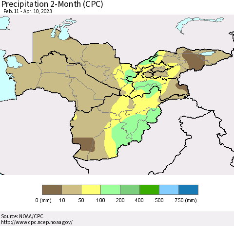 Central Asia Precipitation 2-Month (CPC) Thematic Map For 2/11/2023 - 4/10/2023