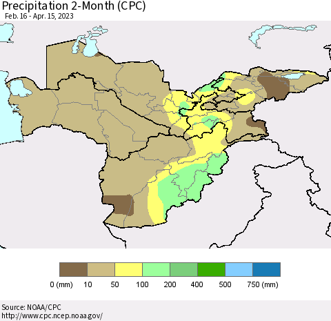 Central Asia Precipitation 2-Month (CPC) Thematic Map For 2/16/2023 - 4/15/2023